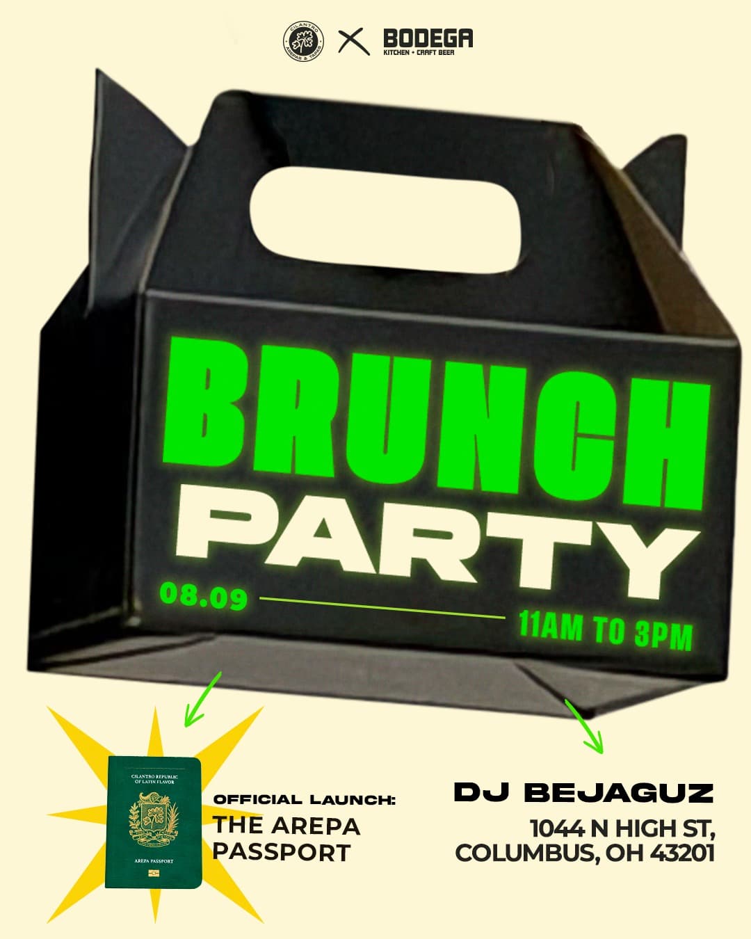 Brunch Party flyer: black Smiley Box on a cream background announcing the Arepa Passport launch